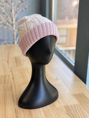 Uriah 100% Baby Alpaca Reversible Cable Knit Beanie Pink Ivory NWT